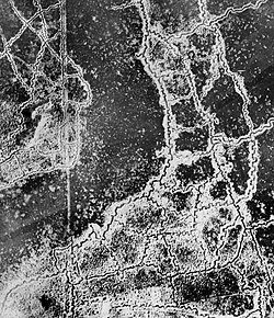 Aerial view of opposing trench lines between Loos and Hulluch, July 1917. German trenches at the right and bottom, British at the top-left.