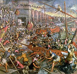 Latin Crusaders sacking the city of Constantinople, the capital of the Eastern Orthodox–controlled Byzantine Empire, in 1204