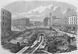Construction of London's Metropolitan Railway at King's Cross St Pancras in 1861