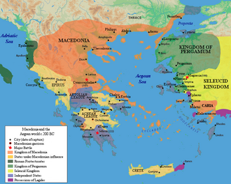 The Kingdom of Macedonia (orange) under Philip V (r. 221–179 BC), with Macedonian dependent states (dark yellow), the Seleucid Empire (bright yellow), Roman protectorates (dark green), the Kingdom of Pergamon (light green), independent states (light purple), and possessions of the Ptolemaic Empire (violet purple)