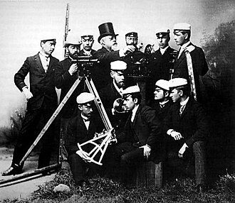 Surveying students with professor at the Helsinki University of Technology in the late 19th century.