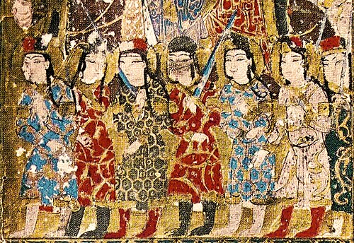 Zengid soldiers from Mosul, with swords and the aqbiya turkiyya coat, tiraz armbands, boots and sharbush hat. Kitab al-Aghani, 1218–1219.[108]