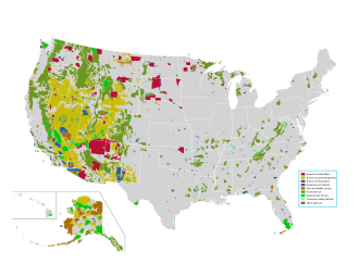 Map of all federally owned land in the United States. The dark green represents the Forest Service.