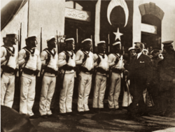 Mustafa Kemal is greeted by marines in Büyükada (14 July 1927)