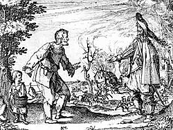 A peasant begs for mercy in front of his burning farm; by the 1630s, being caught in the open by soldiers from either side was "tantamount to a death sentence".[164]