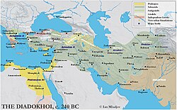 The major Hellenistic kingdoms in 240 BC, including territories controlled by the Seleucid dynasty, the Ptolemaic dynasty, the Attalid dynasty, the Antigonid dynasty, and independent poleis of Hellenistic Greece