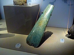 Jade axe from Breamore, Hampshire, c. 3900 BC. Petrological analysis has shown that the axehead is Alpine jadeite originally from the Italian Alps.