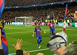 Neymar celebrating after Barcelona's sixth goal against PSG in the UEFA Champions League second leg win in February 2017