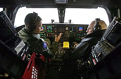 Vice President Dick Cheney inside a B-2 cockpit with pilot Captain Luke Jayne during a visit to Whiteman Air Force Base, 2006