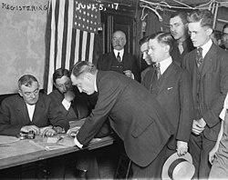 Young men registering for conscription during World War I, New York City, June 5, 1917.