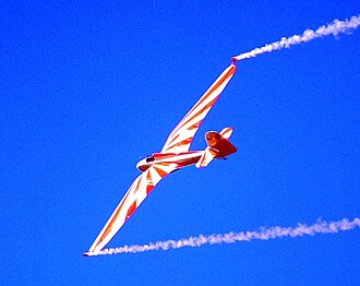 Aerobatic glider with tip smoke, pictured on July 2, 2005, in Lappeenranta, Finland