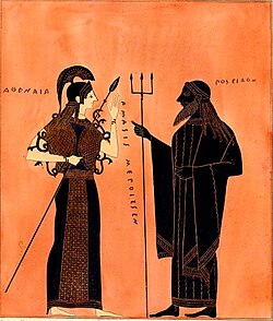 Poseidon (right) and Athena (identified with inscriptions). Black-figure vaise painting by Amasis Painter, 540 BC. BnF Museum (Cabinet des médailles), Paris