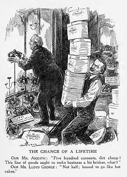 Punch 1911 cartoon shows Asquith and Lloyd George preparing coronets for 500 new peers to threaten takeover of the House of Lords.