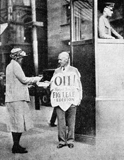 Upton Sinclair selling the "Fig Leaf Edition" of his book Oil! (1927) in Boston. The book had drawn the ire of that town's infamous censors who objected to a brief sex scene that takes place in the novel.