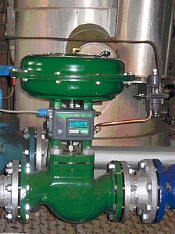 Globe control valve with pneumatic actuator and "positioner". This is a servo which ensures the valve opens to the desired position regardless of friction.