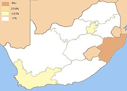 Post-apartheid population distribution of Indian-origin people in provinces of South Africa.
