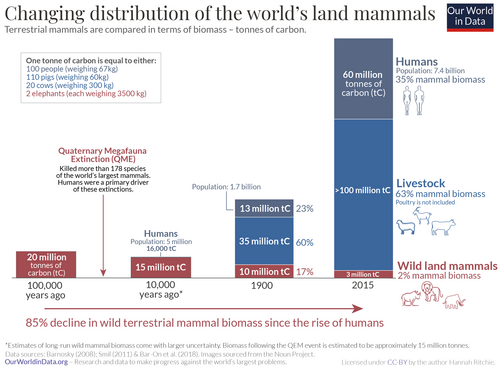 The changing distribution of the world's land mammals in tonnes of carbon. The biomass of wild land mammals has declined by 85% since the emergence of humans.[69]
