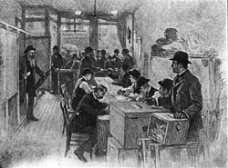 New York polling place c. 1900, showing voting booths on the left