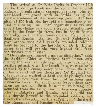 Newspaper cutting from The Scotsman (1916) describing the work of Dr Elsie Inglis in Serbia