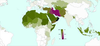 Countries by percentage of population practicing Islam.[83] Sunni