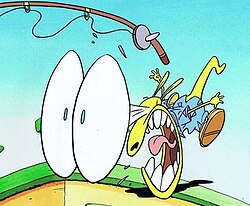 Rocko screams in danger exaggeratedly, with extremely oversized eyes, his mouth extended, and his body far up from the roof of his house, while letting go his fishing rod.