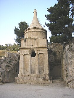 The Tomb of Absalom, built in the 1st century CE in the Kidron Valley; an inscription added three centuries later claims that it is Zechariah's tomb.