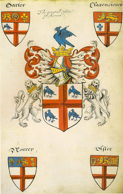 Armorial achievement of the College and its Kings of Arms, from Lant's Roll painted by Thomas Lant around 1595. It depicts the arms of Garter, Clarenceux, Norroy and Ulster. The additional charge in the first quarter of the first two shields, does not appear subsequently.