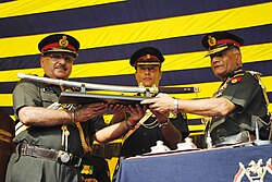 The COAS General VK Singh, being presented a sword on being appointed Honorary Colonel of the Regiment of the Skinner's Horse, in Meerut on 1 October 2010