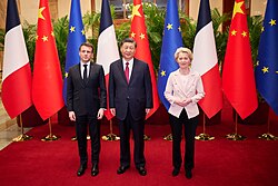 Macron, President of the European Commission Ursula von der Leyen and Chinese President Xi Jinping at the 2023 France–China Summit