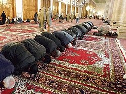 Muslim men prostrating in prayer, at the Umayyad Mosque