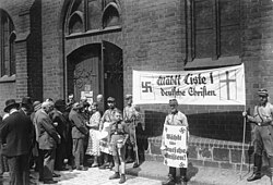 German Christians holding propaganda during the elections of presbyters and synodals on 23 July 1933 at St. Mary's Church, Berlin