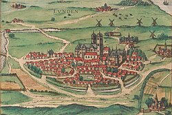 An engraving of Lund in or around 1594. By Frans Hogenbergs in the pictorial work Civitates orbis terrarum (the cities of the world).