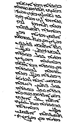The Peshitta is the standard Syriac Bible, used by the Maronite Church, amongst others. The illustration is of the Peshitta text of Exodus 13:14–16 produced in Amida in the year 464.