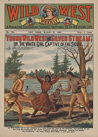 "As Wild felled one of the redskins by a blow from the butt of his revolver, and sprang for the one with the tomahawk, the chief's daughter suddenly appeared. Raising her hands, she exclaimed, 'Go back, Young Wild West. I will save her!'" (1908)