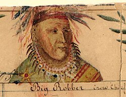 Crow Indian Chief Big Shadow (Big Robber), signer of the Fort Laramie treaty (1851). Painting by Jesuit missionary De Smet.