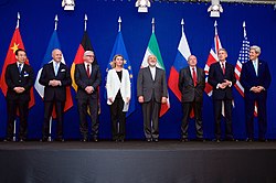 Steinmeier among diplomats from the P5+1 countries, the European Union and Iran after agreeing on the Iran nuclear deal, Lausanne, Switzerland on 2 April 2015.[128]