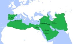 At its greatest extent, the Umayyad Caliphate (661–750) covered 11100000 km2 (4300000 sq mi)[74] and 62 million people (29 per cent of the world's population),[75] making it one of the largest empires in history in both area and proportion of the world's population. It was also larger than any previous empire in history.