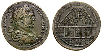 Bronze Roman medal (45 mm, 45.6 g) showing Caracalla's portrait and the emperor being greeted by city's citizens in the Agora during his visit to Laodicea ad Lycum (216/217 AD), in front of a two-columned temple with soldiers lined up on both sides.