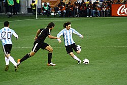 Messi playing against Germany at the 2010 FIFA World Cup