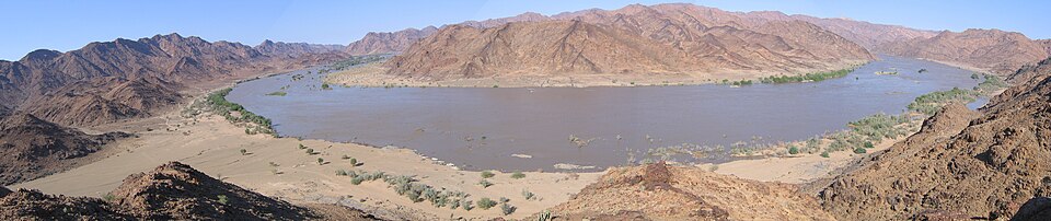 Panorama taken from a fluorspar-rich hill overlooking a bend in the River, which was in flood due to above-normal rains