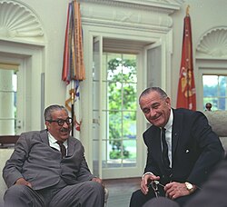 Marshall meeting with President Lyndon B. Johnson in the Oval Office of the White House on the day that Marshall was nominated by Johnson to serve on the Supreme Court