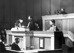 Haile Selassie I at the League of Nations appealing Italy's 1936 invasion in which the League failed to intervene.