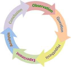 The scientific method is a continuous cycle of observation, questioning, hypothesis, experimentation, analysis and conclusion.