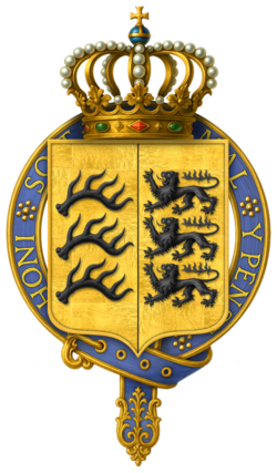 Coat of arms of King Charles encircled by the Order of the Garter.