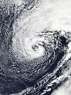 A hurricane-force extratropical cyclone in the north Atlantic in January 2016 with a distinct eye-like feature, caused by a warm seclusion. This system would later undergo tropical cyclogenesis and become Hurricane Alex.