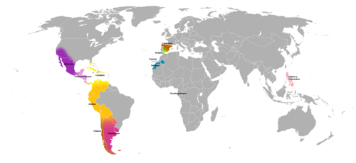 A world map attempting to identify the main dialects of Spanish
