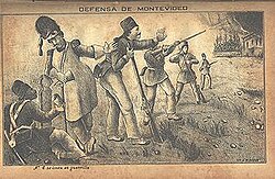An illustration of the defense of Montevideo from Isidoro De-Maria's book, Anales de la defensa de Montevideo