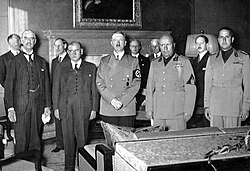 From left to right: Chamberlain, Daladier, Hitler, Mussolini and Ciano pictured before they sign the Munich Agreement, which gave the Czechoslovak border areas to Germany
