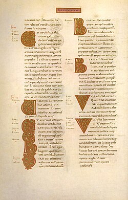 Text page from the Codex Aureus of Echternach, an important surviving codex, was produced in the Abbey of Echternach in the 11th century.[24]
