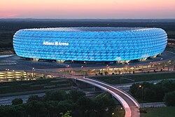The Allianz Arena is home to the football club Bayern Munich and was venue for the 2006 FIFA World Cup and UEFA Euro 2024 opening games.